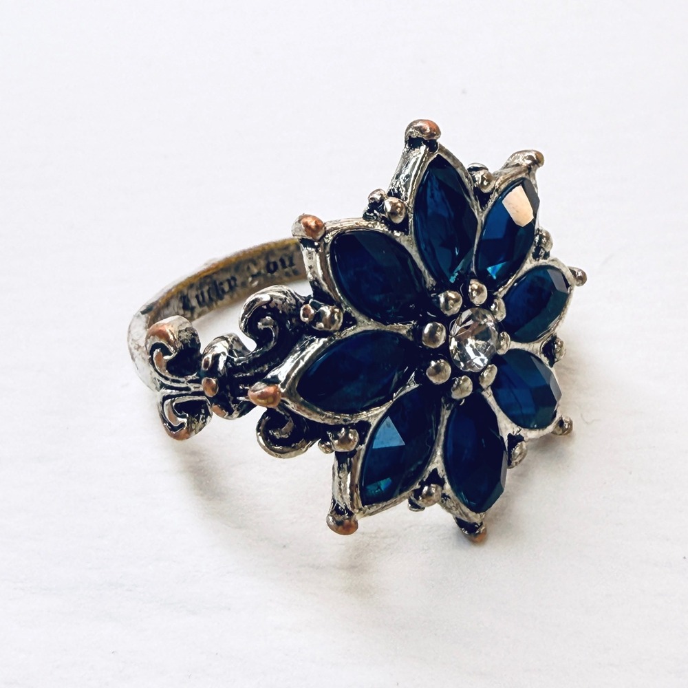 Lucky Brand Blue Crystal Flower Statement Ring Antiqued Silver Tone Floral Boho